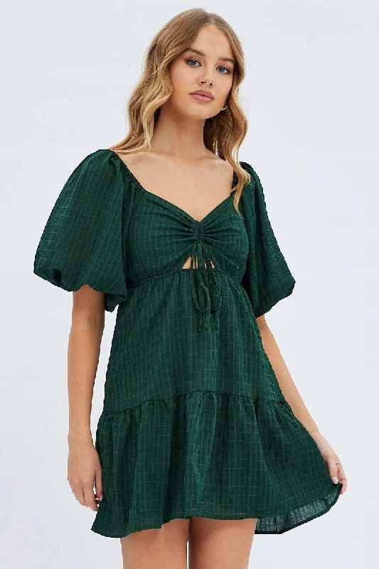Trendy women’s clothing    Green Fit And Flare Dress Mini Ruched Bust