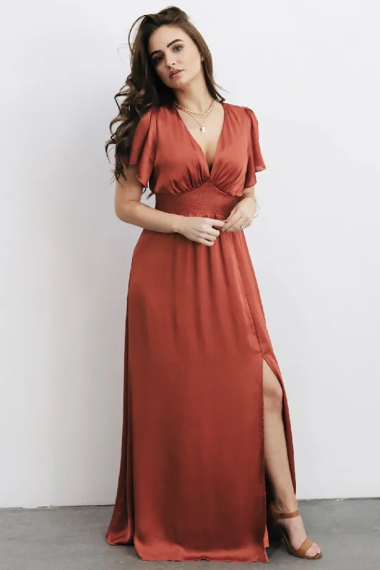 Women’s fashion that reflects your personality   Prague Satin Maxi Dress | Rust