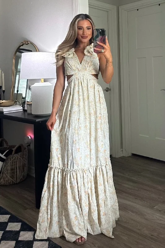 Confidence-boosting clothing for women   Floral Fantasy Ruffle Cutout Maxi Dress: Light Sage