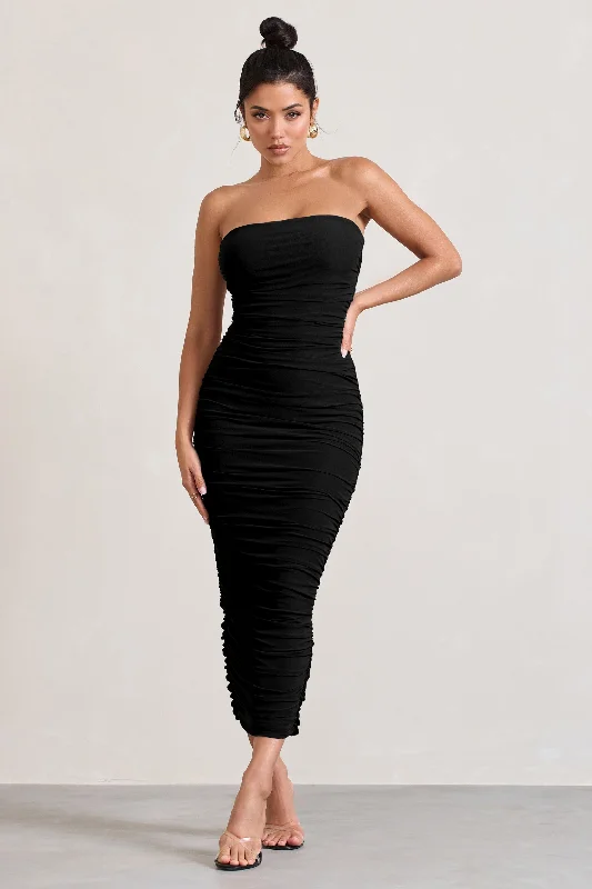 Elegant evening wear for special events   My Lady | Black Strapless Bodycon Ruched Mesh Maxi Dress