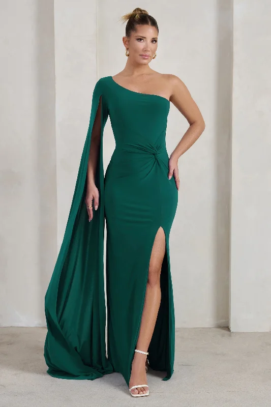 Comfortable yet stylish outfits for women on the go   Romi | Bottle Green One Shoulder Twist Design Maxi Dress
