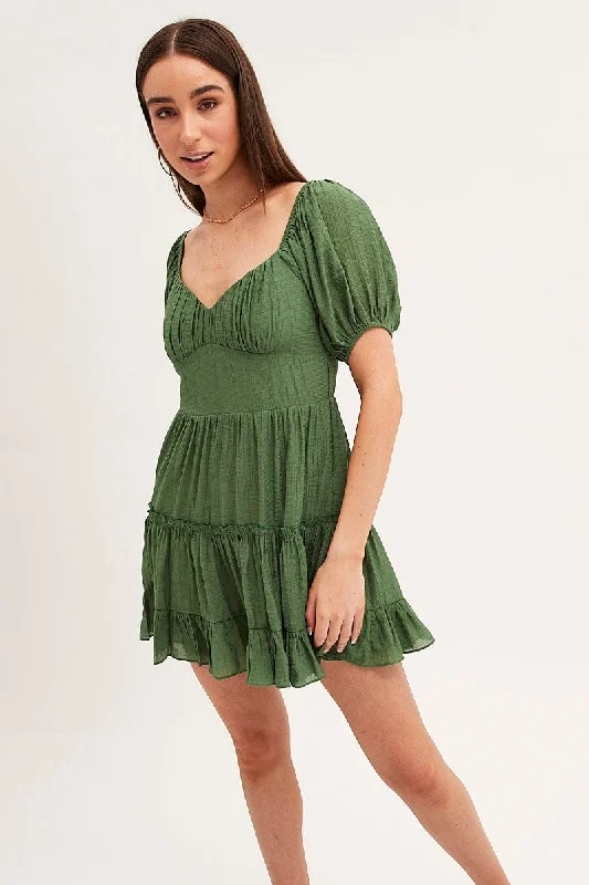 Green Fit And Flare Dress Puff Sleeve Sweetheart Neck