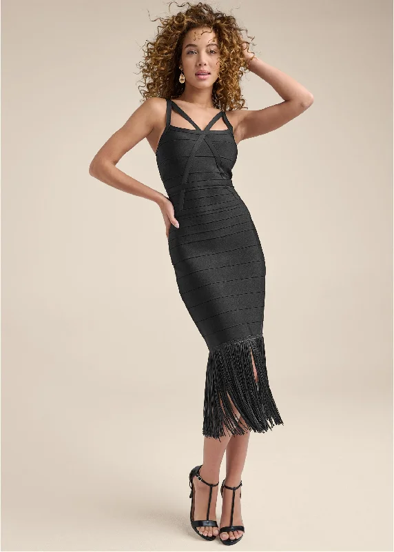 High-quality women’s wear for everyday elegance   Fringe Bandage Dress  - Black