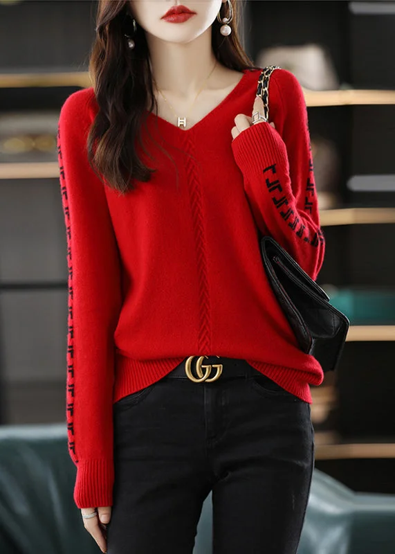 Stylish clothing designed to flatter every woman   Handmade Red V Neck Jacquard Patchwork Woolen Sweaters Fall
