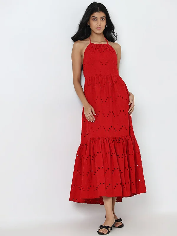 Find your perfect fit with stylish women’s clothing   LOV Red Schiffli Detailed Cotton Tiered Dress