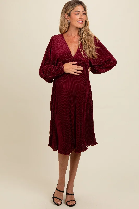 Burgundy Pleated Deep V-Neck Maternity Midi Dress