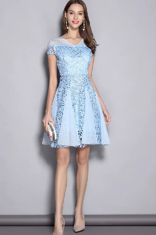 Sporty-chic women’s apparel for active lifestyles   CAP SLEEVE CONTRAST HOLLOW OUT LACE A-LINE DRESS