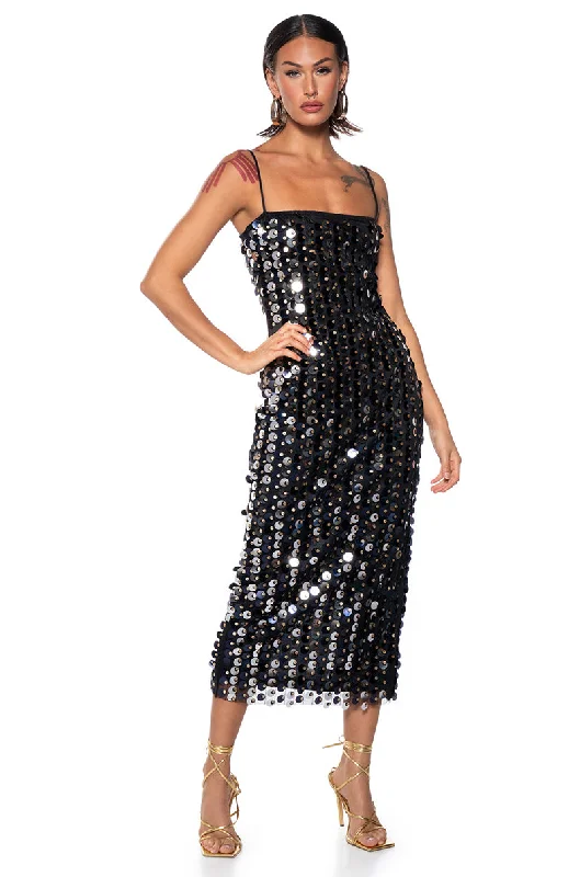 Stylish plus-size clothing for women   GOLD COIN SEQUIN MIDI DRESS
