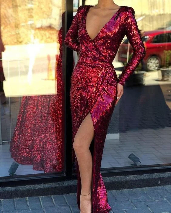 Elegant casual clothing for modern women   Burgundy Long Sleeves Sequin V-Neck Mermaid with Split Evening Dress/Prom Dresses cg1266