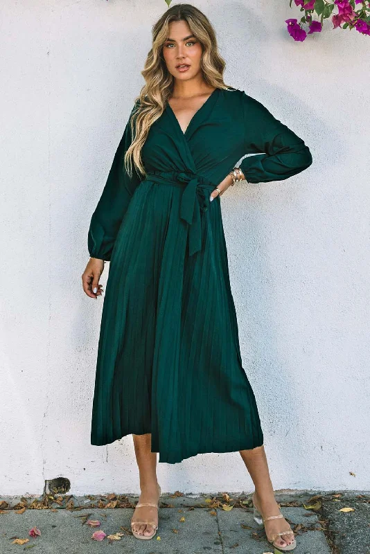 Effortlessly chic fashion for today’s woman   Belted Surplice Balloon Sleeve Pleated Dress