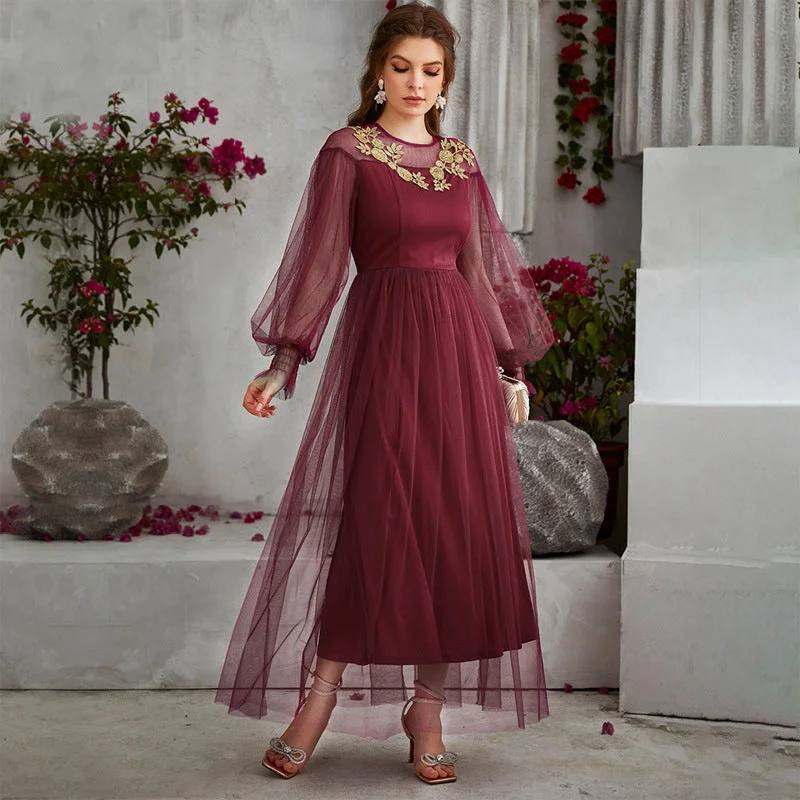 Comfortable yet fashionable women’s wear   NiDELL ZTY-21547 Women's . Amazon Cross-Border Long-Sleeved Dress Lantern Sleeve Long Dress Lace an Embroidered Skirt