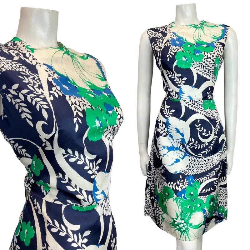 Casual outfits that elevate your style   VINTAGE 60s 70s BLUE GREEN WHITE FLORAL VINE LEAFY SLEEVELESS DRESS 12