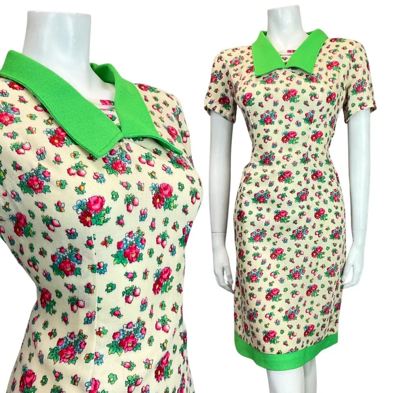 Feminine and fashionable clothing for every wardrobe VTG 60s 70s CREAM GREEN RED PINK FLOWER DITSY CHELSEA COLLAR WIGGLE DRESS 12 14 Feminine and fashionable clothing for every wardrobe VTG 60s 70s CREAM GREEN RED PINK FLOWER DITSY CHELSEA COLLAR WIGGLE DRESS 12 14