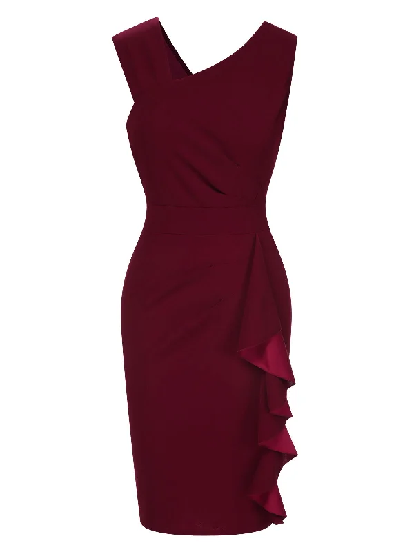 Designer-inspired women’s fashion at affordable prices   Wine Red 1960s Solid Ruffle Trim Pencil Dress