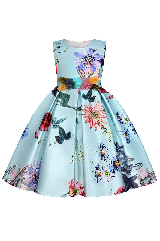 Find your perfect fit with stylish women’s clothing   A Line Jewel Neck Light Blue Printed Girl Dress