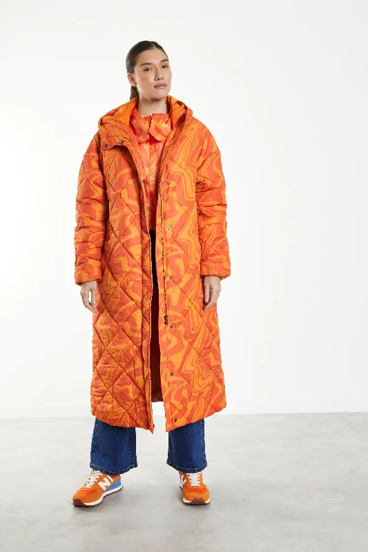 Confidence-boosting clothing for women   Glamorous Orange Marble Quilted Longline Puffer Coat with Hood